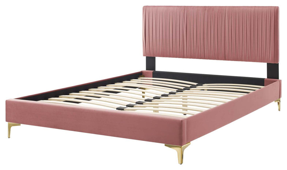 Platform Bed Frame, Queen Size, Velvet, Pink, Modern Contemporary, Bedroom