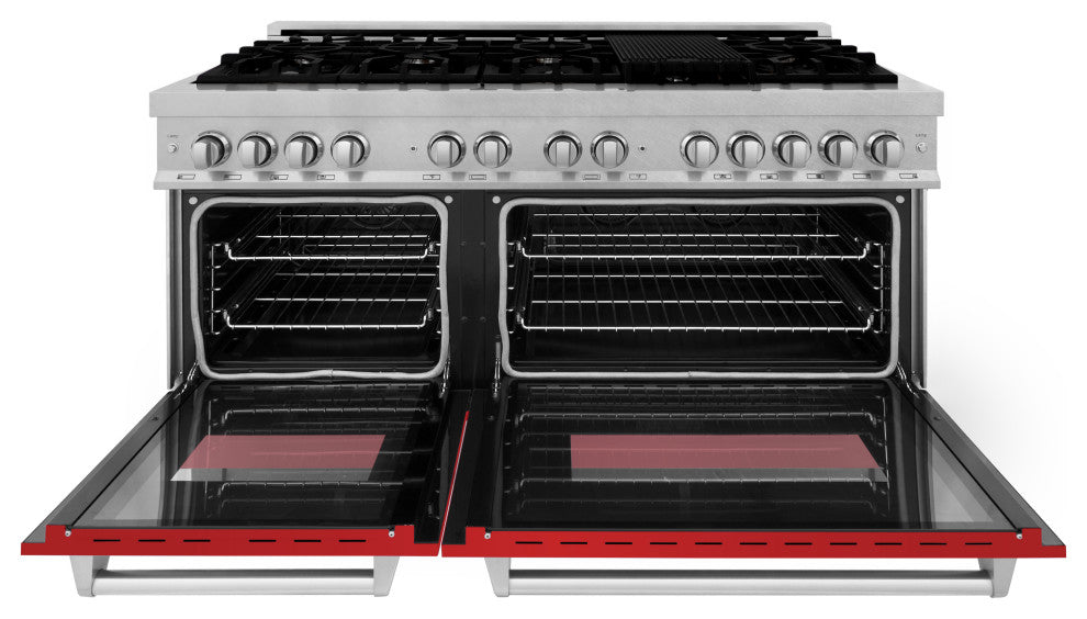 ZLINE 60" Dual Fuel Range, DuraSnow With Red Matte Door RAS-RM-60