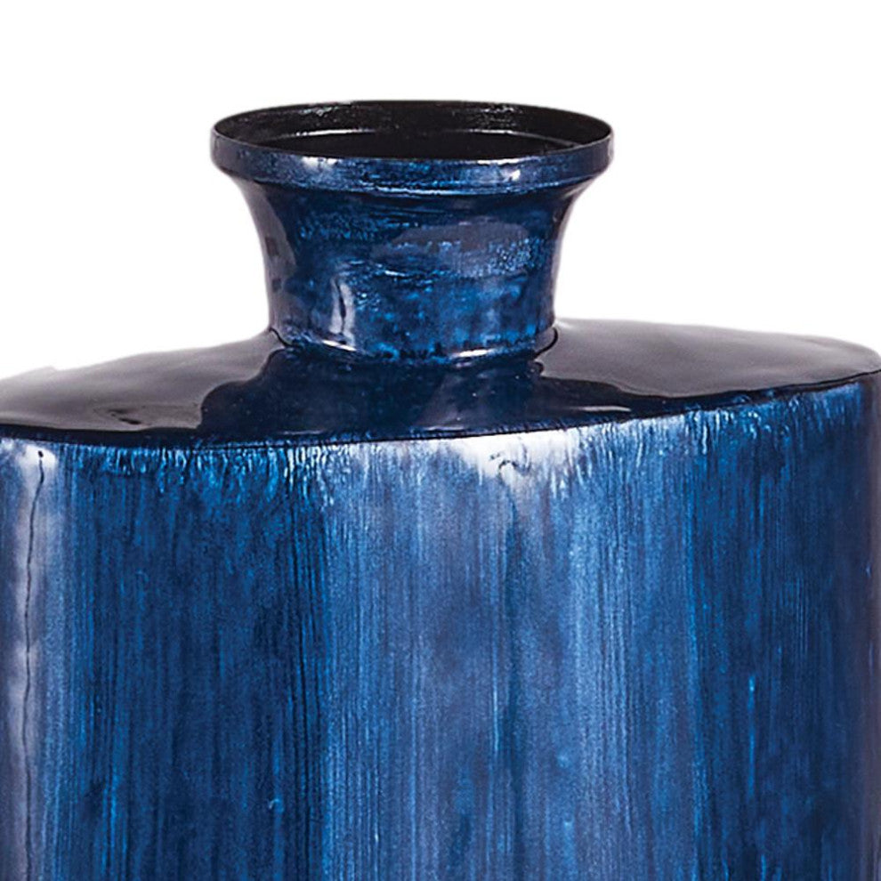 Enameled Modern Blue Iron Flat Flask Vase Ombre Bottle 15in Contemporary Coastal