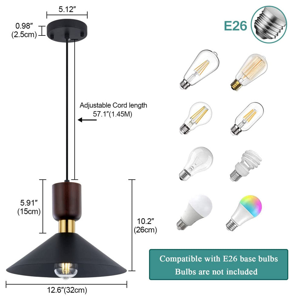 Vintage Wood Pendant Lighting Fixture Black Hanging Lamp for Kitchen