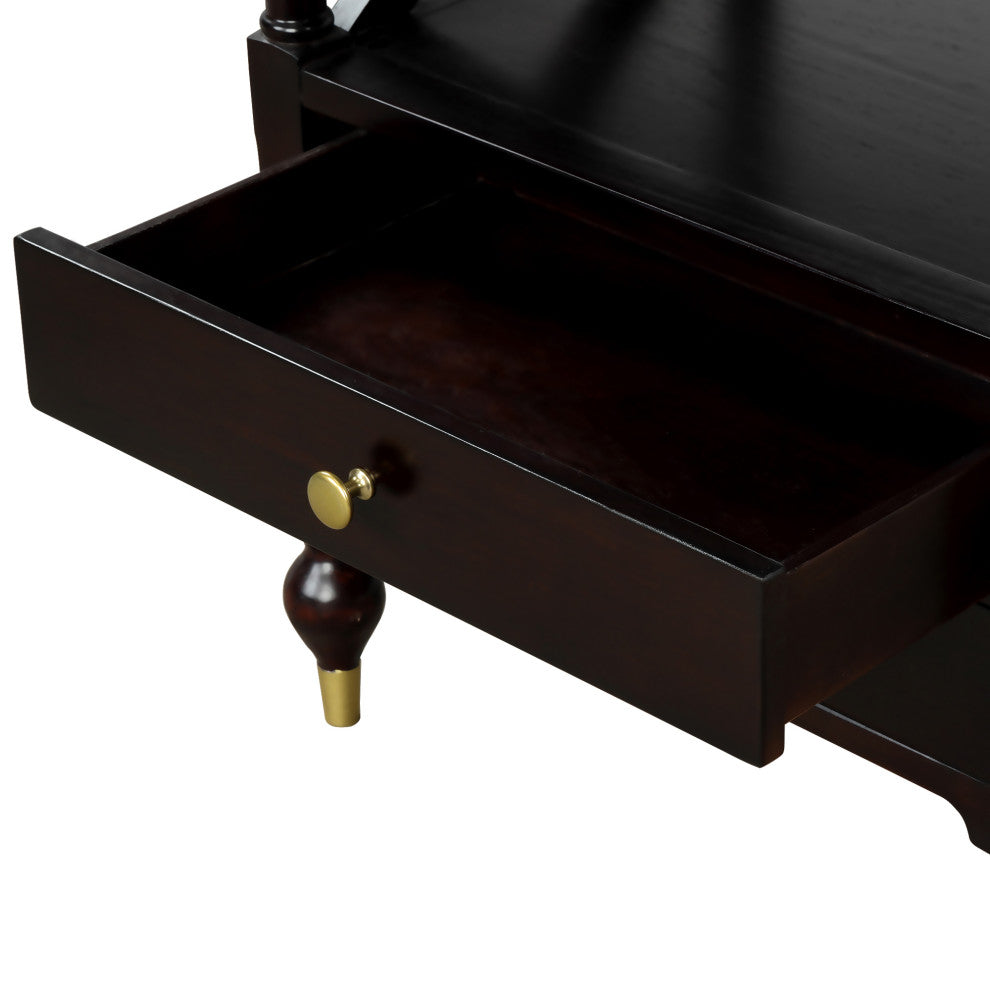 2-Drawer Solid Wood Nightstand with Open Shelf, Espresso, 27" Tall
