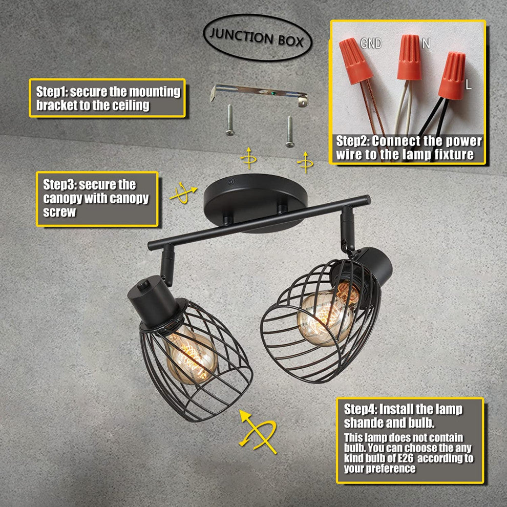 2 Light Semi Flush Mount, Farmhouse, Vintage, Cage, Black