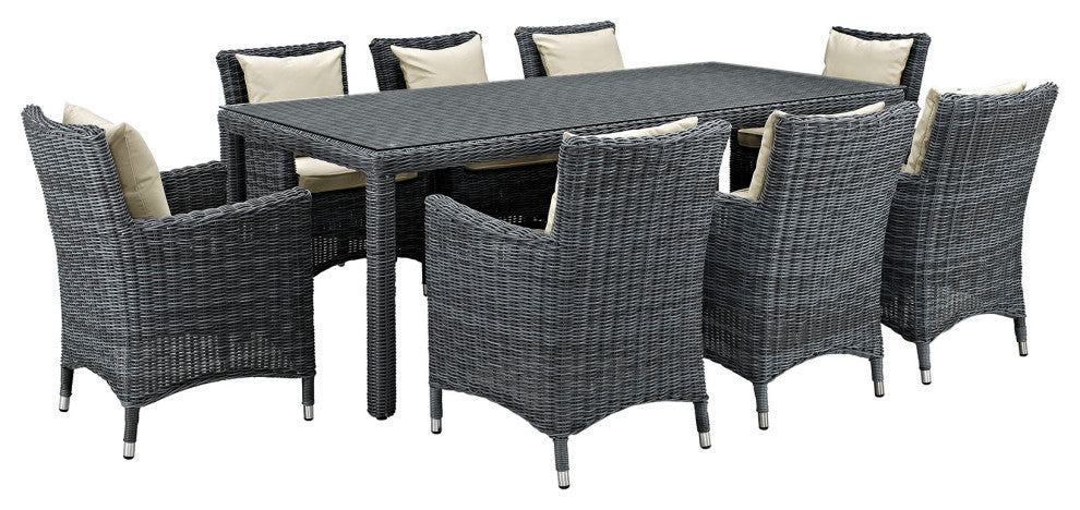Modway Summon 9 Piece Outdoor Patio Sunbrella Dining Set, Antique Canvas Beige