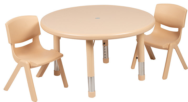 33" Round Plastic Height Adjustable Table Set With 2 Chairs, Natural