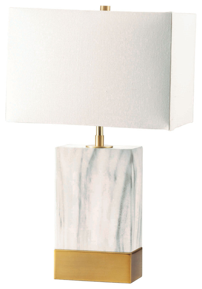 Contemporary Metal Table Lamp with Rectangular Fabric Shade, White and Gold