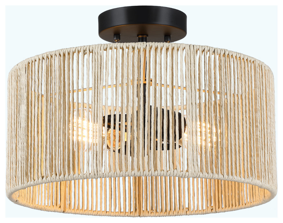 14" W 2-Light Woven Rope Drum Semi-Flush Mount Ceiling Light, Beige