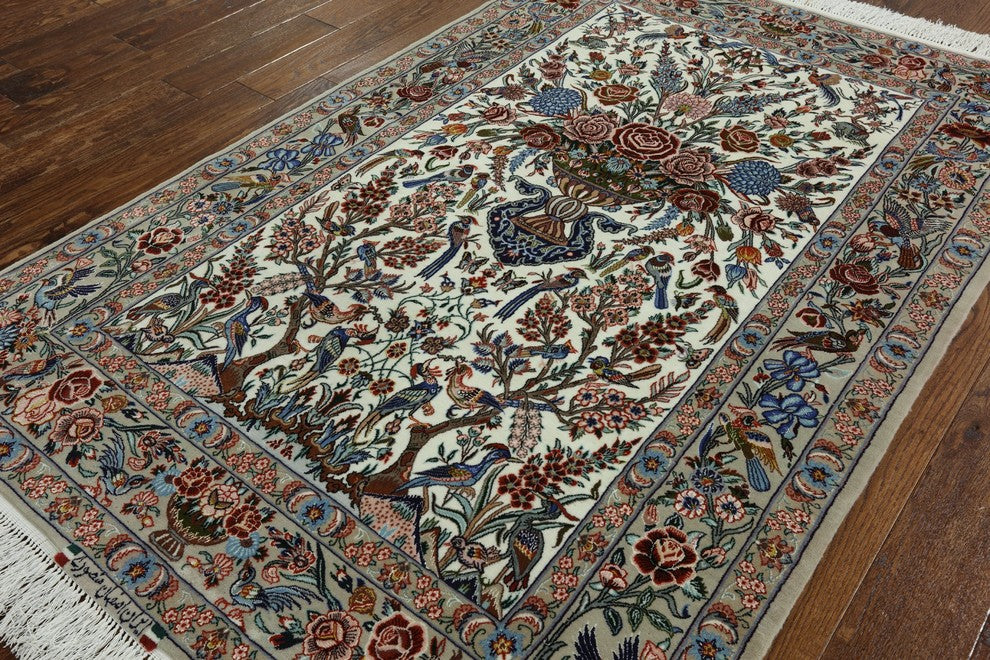 Signed Authentic Persian Isfahan Wool and Silk Rug, 4'x7'