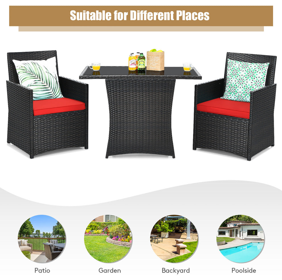 Costway 3PCS Patio Rattan Furniture Set Cushion Sofa Armrest Garden Deck Red