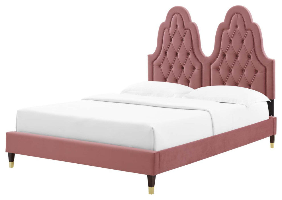 Tufted Platform Bed Frame, Twin Size, Velvet, Pink, Modern Contemporary, Bedroom