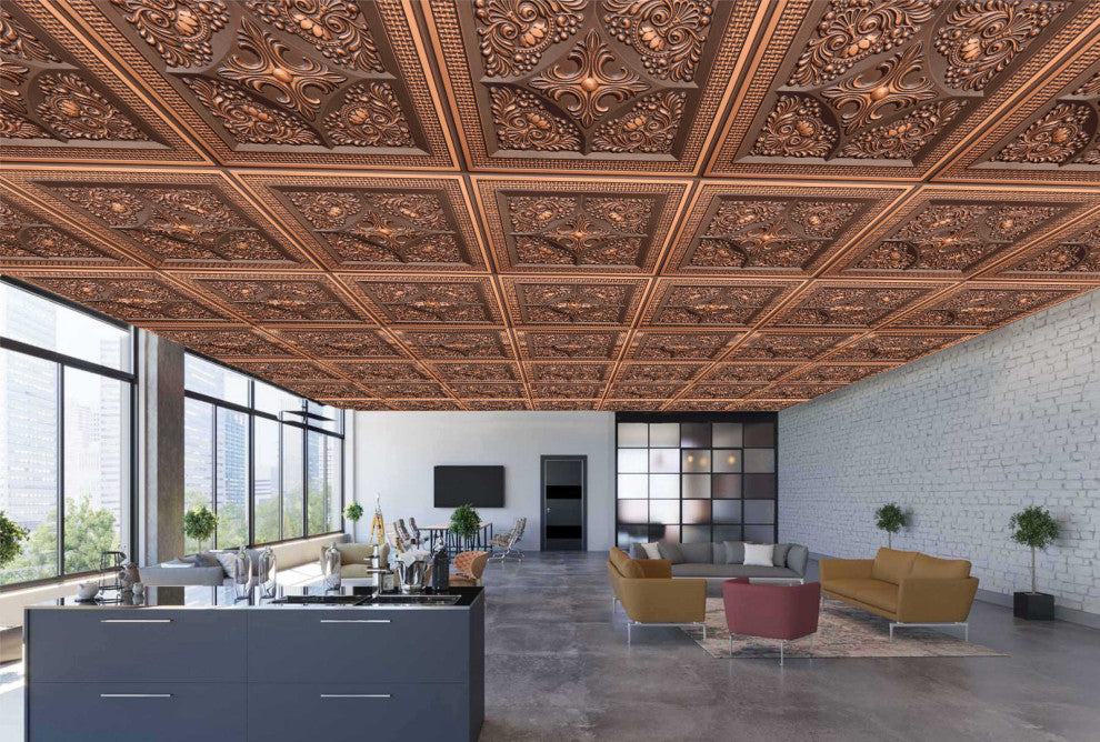 Antique Copper 3D Ceiling Panels, 2'x2', 100 Sq Ft, Pack of 25