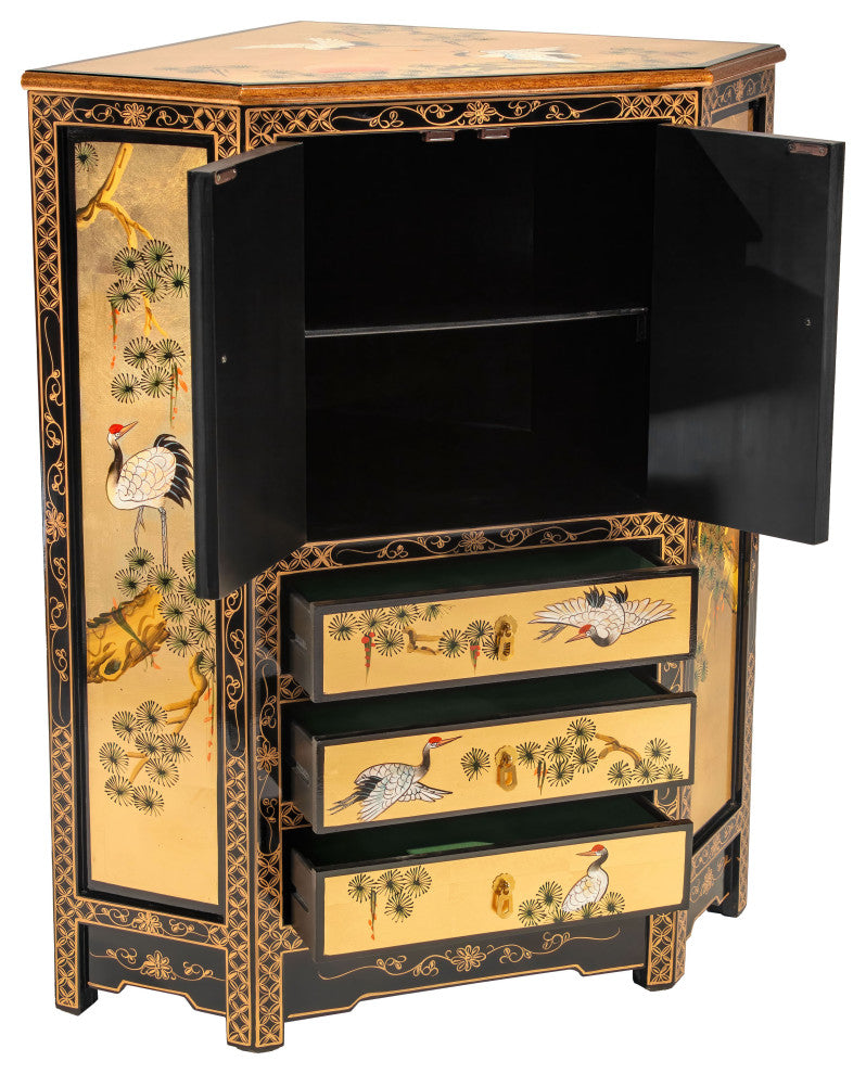 Gold Lacquer Corner Cabinet Cranes