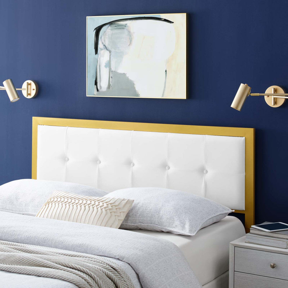 Tufted Headboard, King Size, Velvet, Metal, Gold White, Modern Contemporary