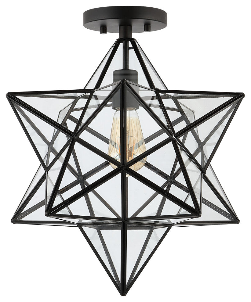 Ava 14.5" 1-Light Farmhouse Bohemian Iron/Glass LED Semi Flush Mount,Black/Clear