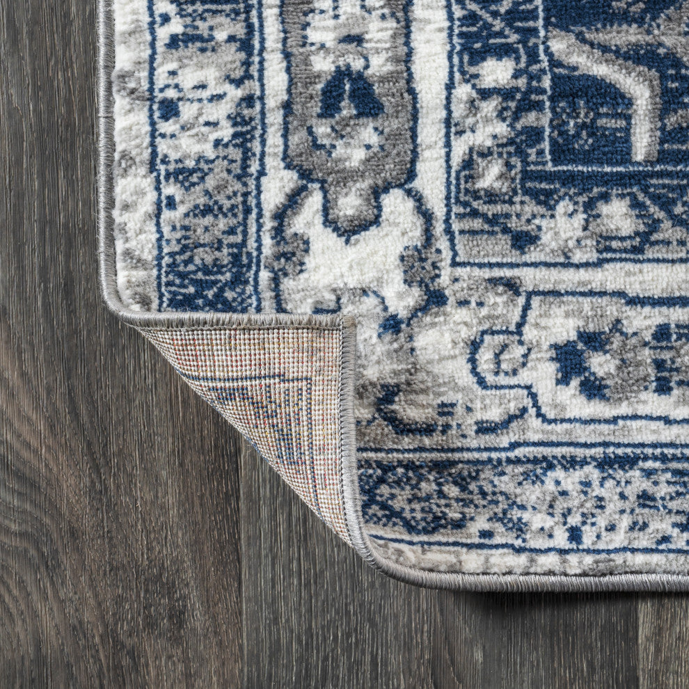 Modern Persian Vintage Medallion Light Grey/Navy 8' x 10' Area Rug