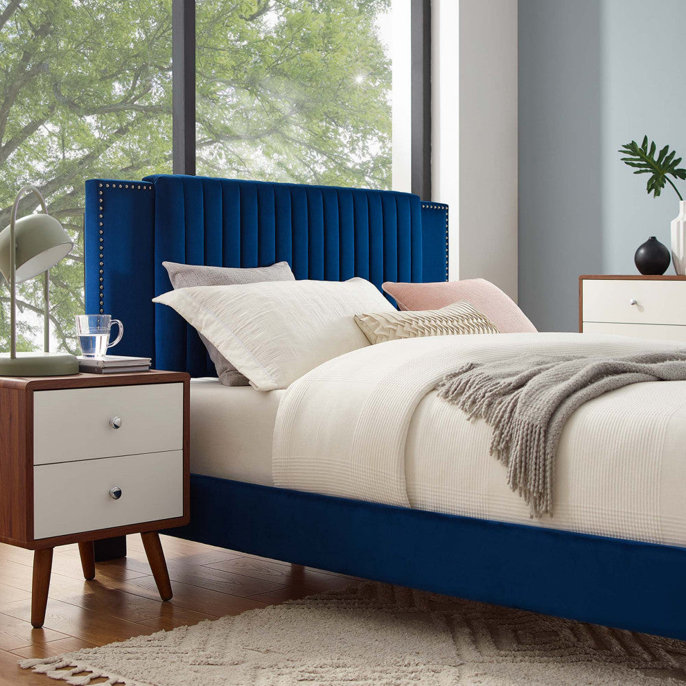 Zahra Channel Tufted Performance Velvet Queen Platform Bed, Navy