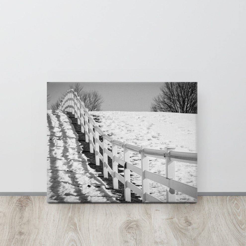 Endless Fence Rural Black & White Landscape Photo Canvas Wall Art Print, 16" X 20"