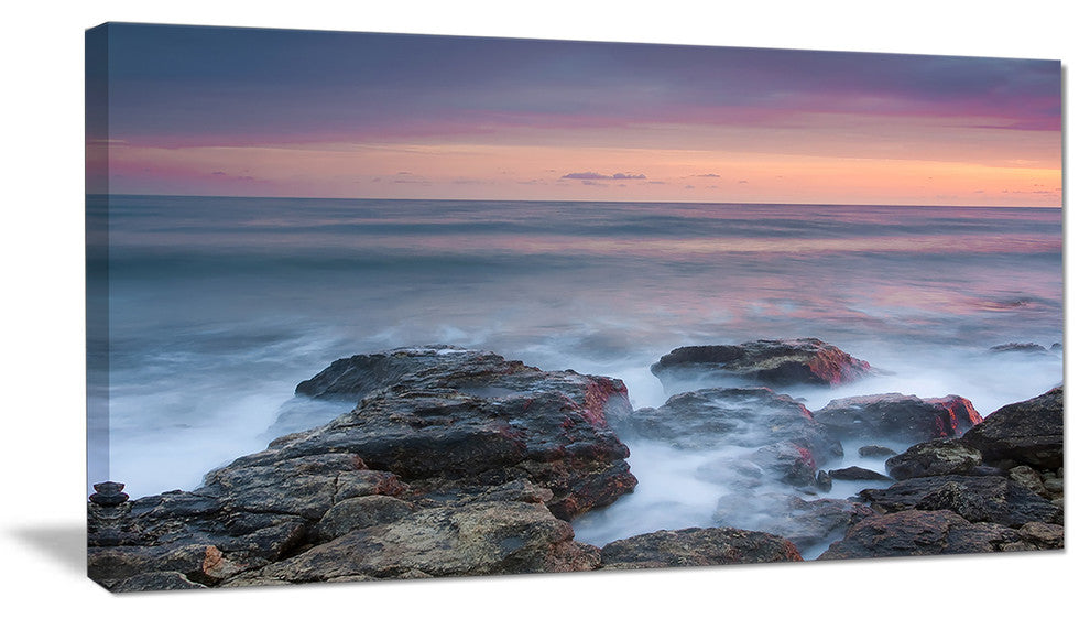 "Blue Rocky Sea Beach Sunset" Modern Landscape Wall Art Canvas, 32"x16"