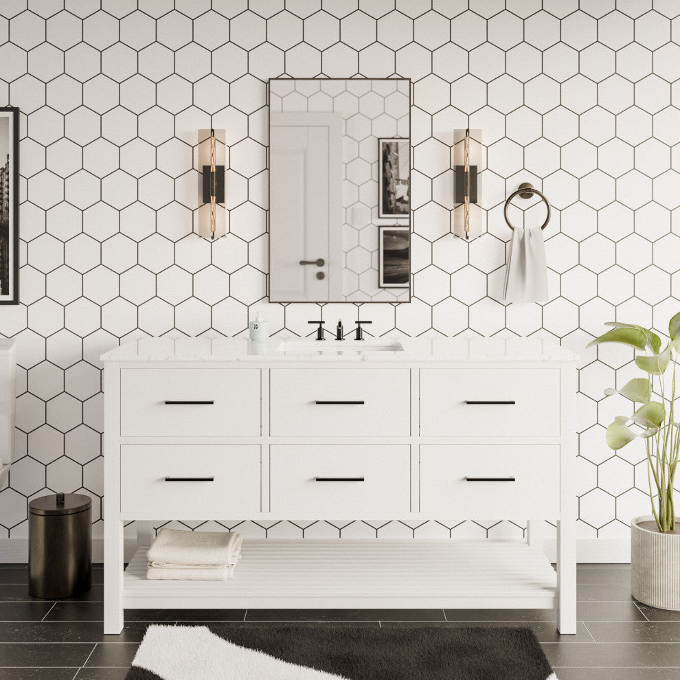 Hudson 60" Single Vanity, White, Engineered Marble