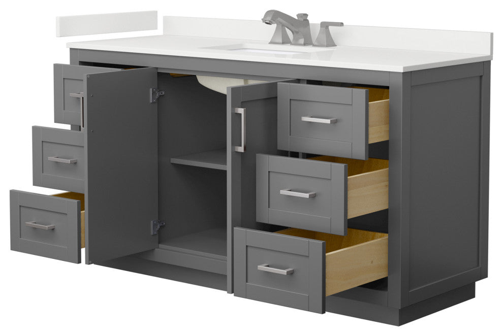 Miranda 60" Dark Gray Single Vanity, White Quartz Top, 3-Hole Under-mount Square Sink, Nickel Trim