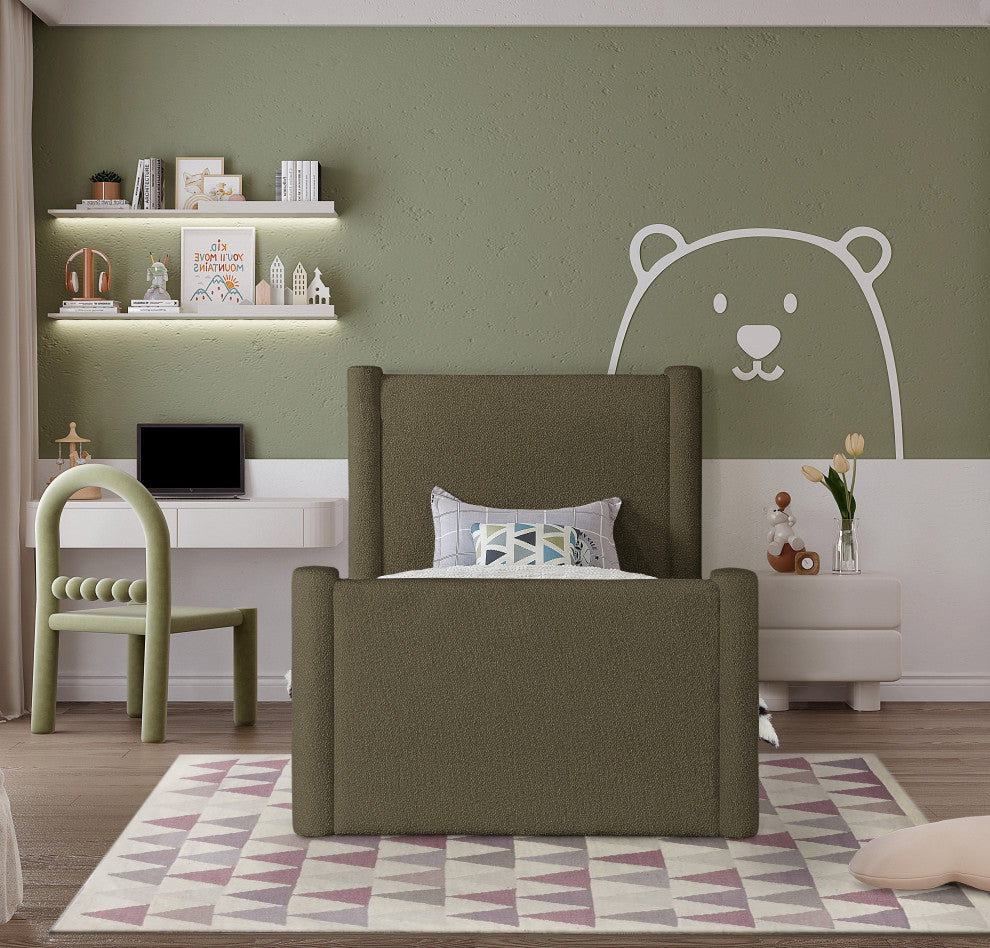 Elias Upholstered Bed, Green, Twin, Boucle Fabric