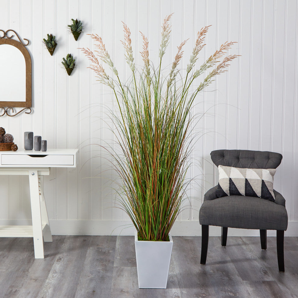 74" Grass Artificial Plant, White Metal Planter