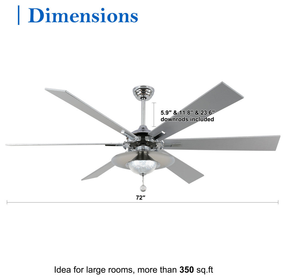 72" Antique Lagre Ceiling Fan, Wood Blades and LED Lights Kit w Crystal Shade, White