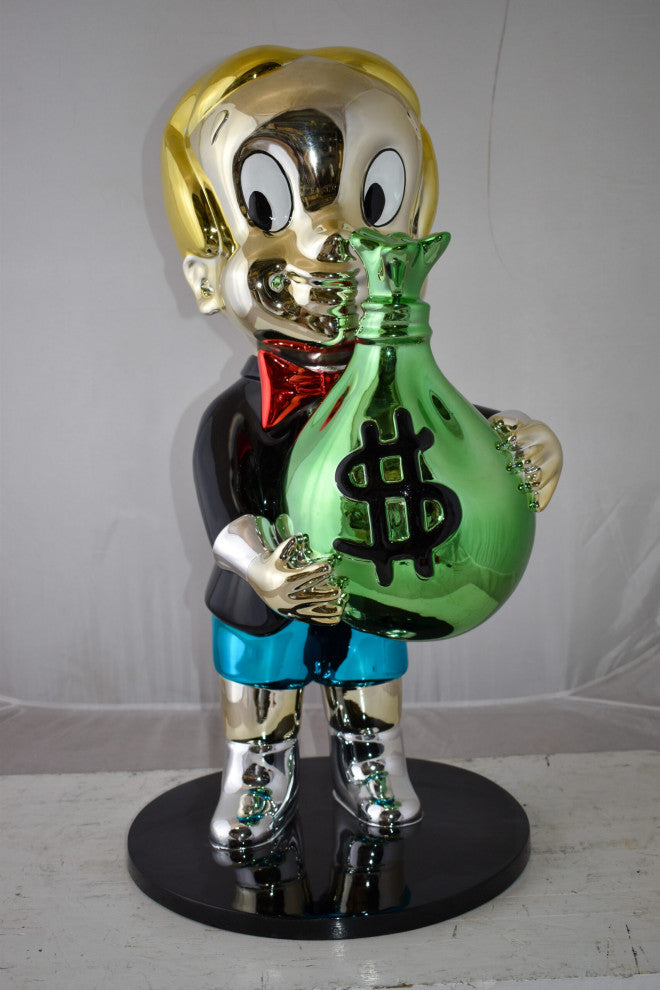 Excited Cartoon Boy Holding Money Bag Resin Statue Large Size: 16" x 16" x 32"