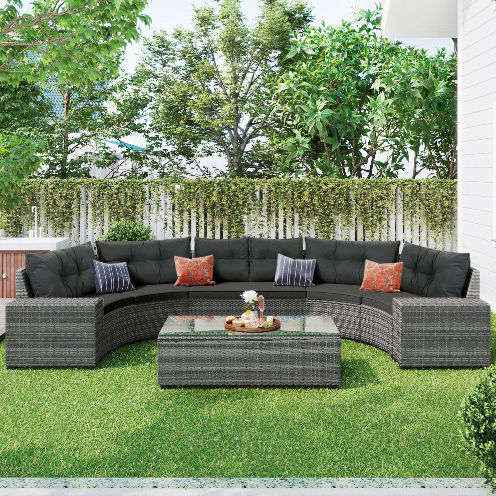 8 Pieces Outdoor Wicker Curved Patio Sectional with Coffee Table and Cushions, Gray