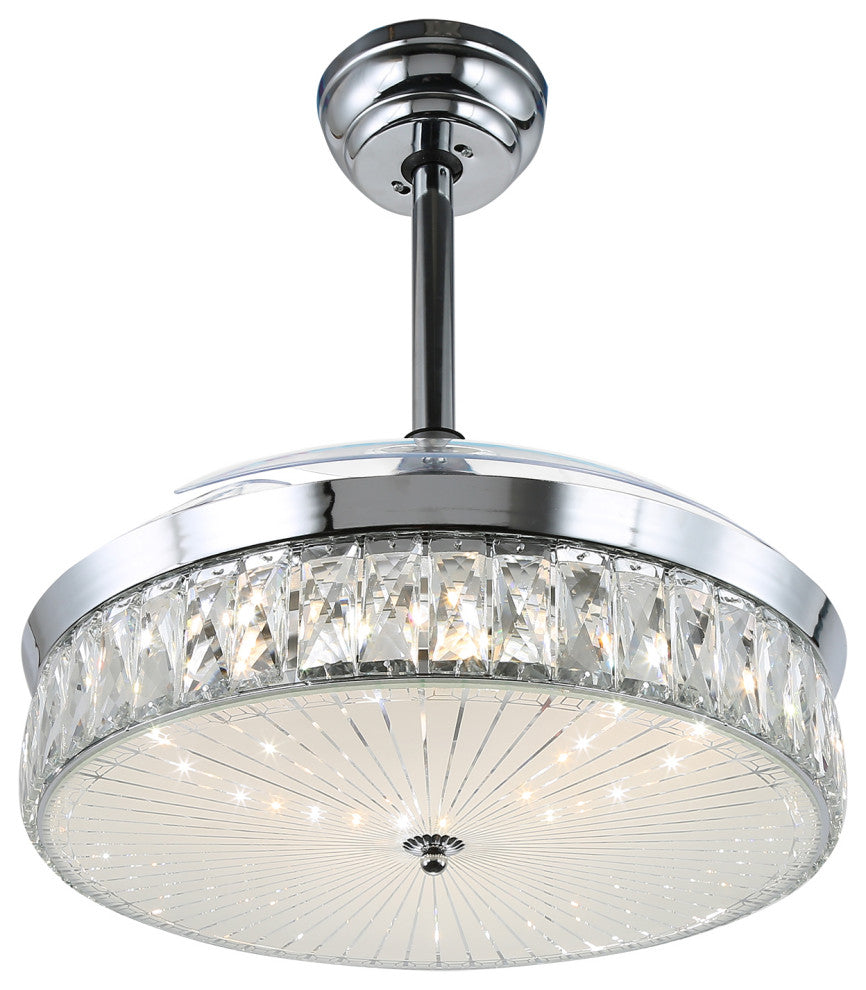42" Decorative Crystal Drum Ceiling Fan with Light and Remote, Foldable Blade, Chrome, Neutral White (4000k)