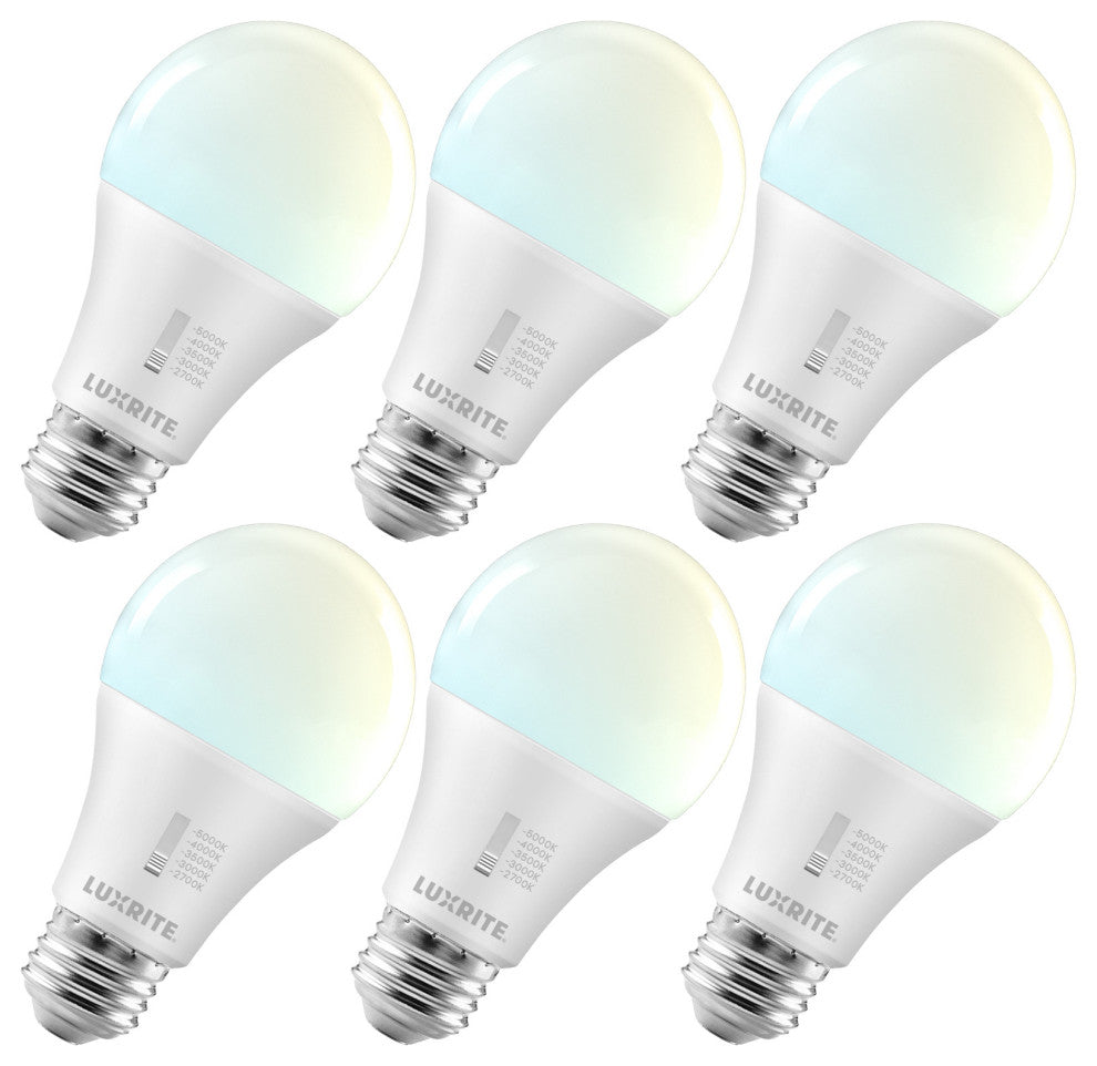Luxrite A19 LED Light Bulb 5CCT Dimmable 1100LM 11W E26 ETL 6 Pack