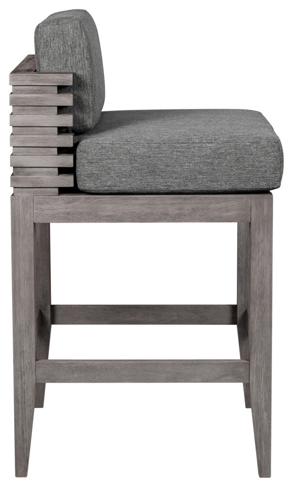 Vivid Outdoor Patio Bar Stool, Gray Eucalyptus Wood With Gray Olefin Cushions