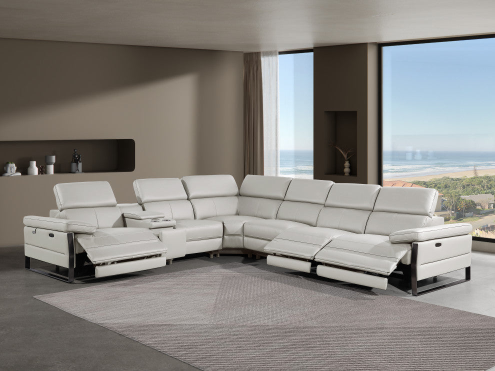 Antonio Italian Leather 7-Piece L-Shaped Power Reclining Sectional, Light Gray