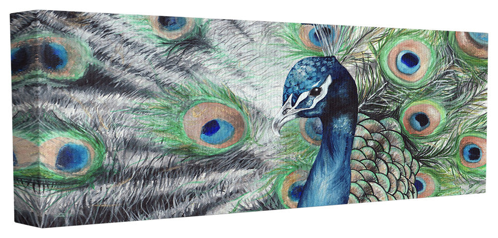 Elegant Feathers Painted Peacock Stretched Canvas Wall Art, 10"x24"