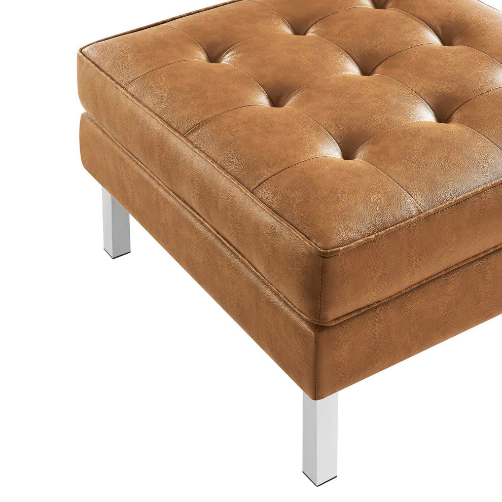 Loft Tufted Vegan Leather Sofa and Ottoman Set, Silver Tan