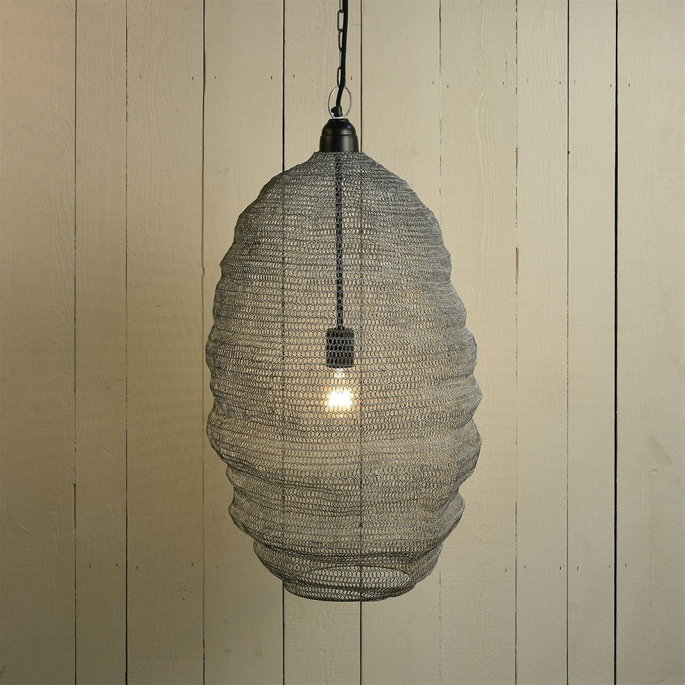 Retro Industrial Woven Cage Tall Pendant Light | Hanging Gray Mesh Metal Shade