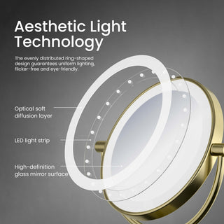 Circular LED Free Standing Magnifying Make Up Mirror, Brushed Gold