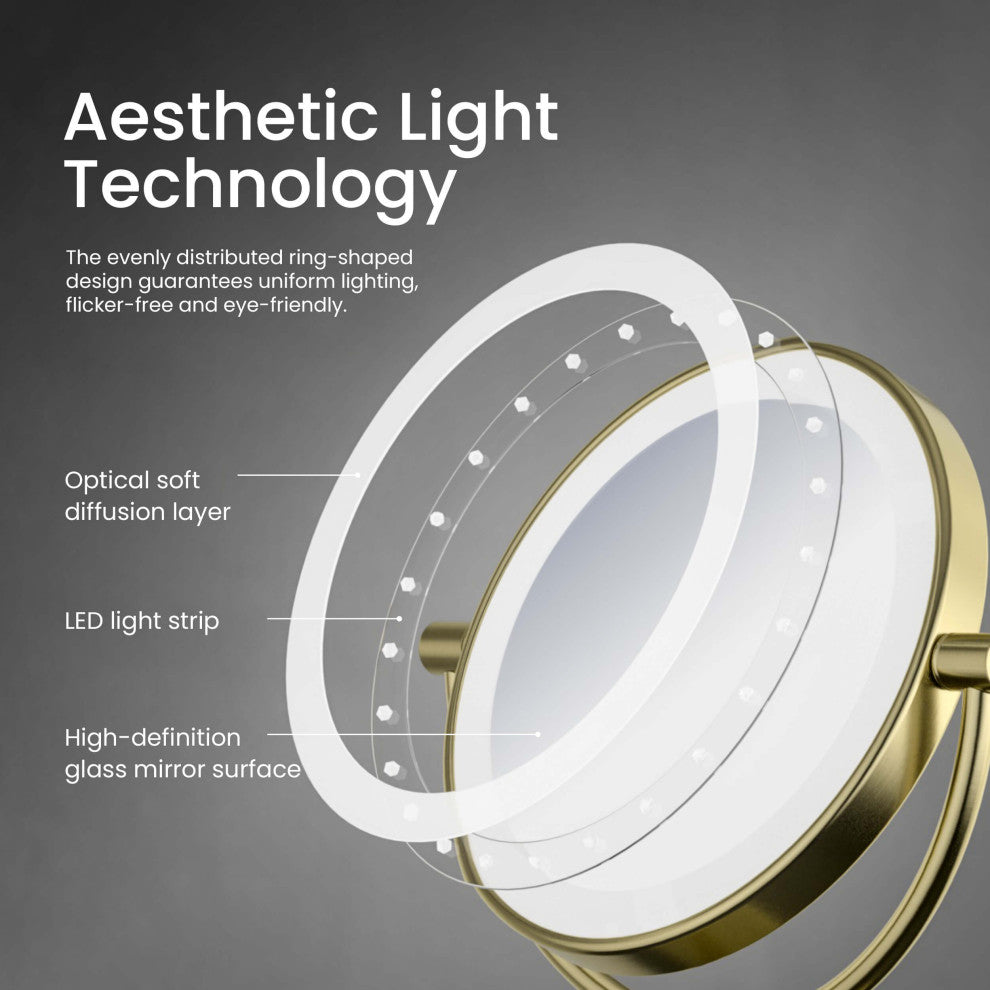 Circular LED Free Standing Magnifying Make Up Mirror, Brushed Gold