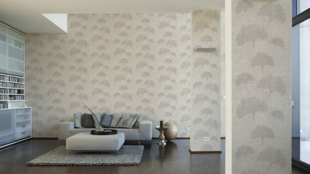 Floral Textured Wallpaper Gingko Leaves, Gray Silver, Sample