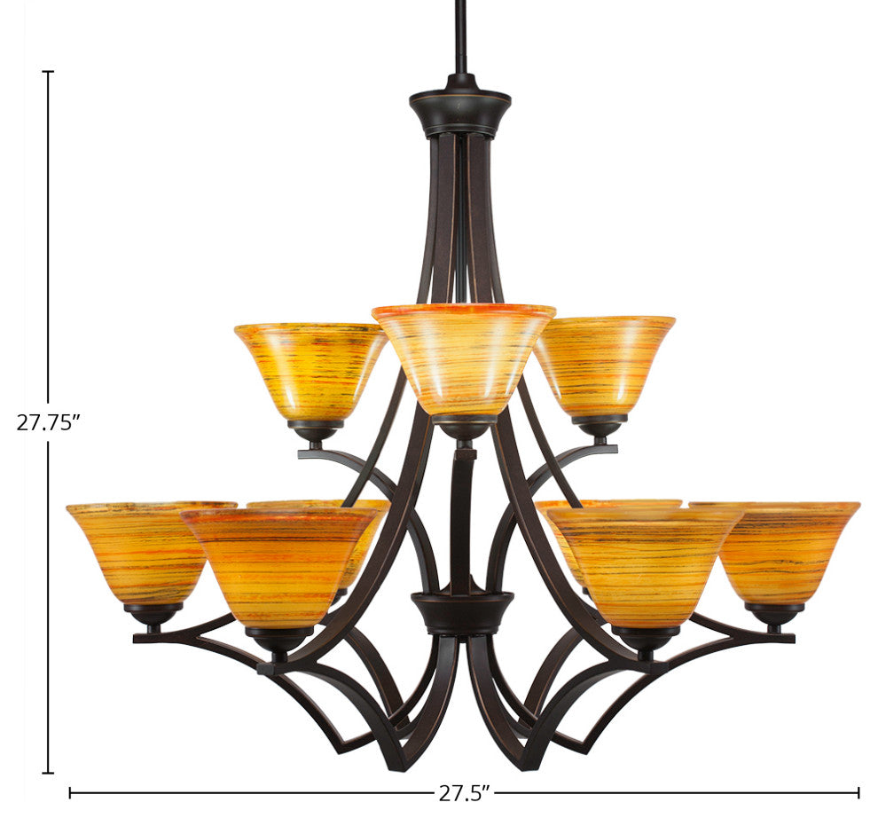 Zilo 9 Light Chandelier Shown, Dark Granite Finish With 7" Firr? Saturn Glass