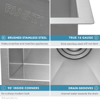 Ruvati RVH7115 15x15" 16 Gauge Zero Raduis Bar Prep Square Kitchen Sink