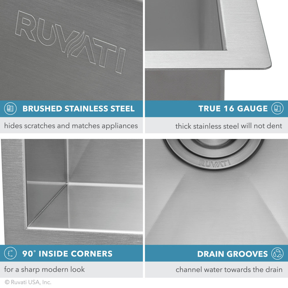 Ruvati RVH7115 15x15" 16 Gauge Zero Raduis Bar Prep Square Kitchen Sink
