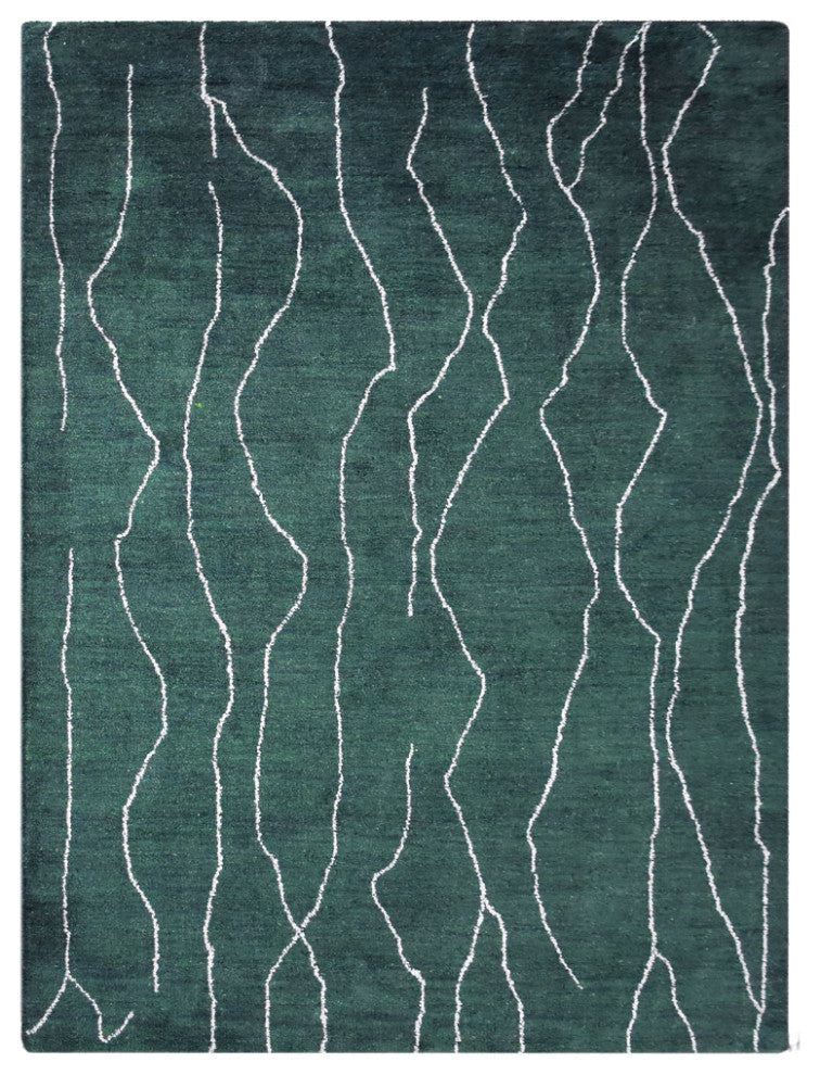 HAND KNOTTED LOOM SILK AREA RUGS-8'x10',Rectangle,Dark Green White,Contemporary