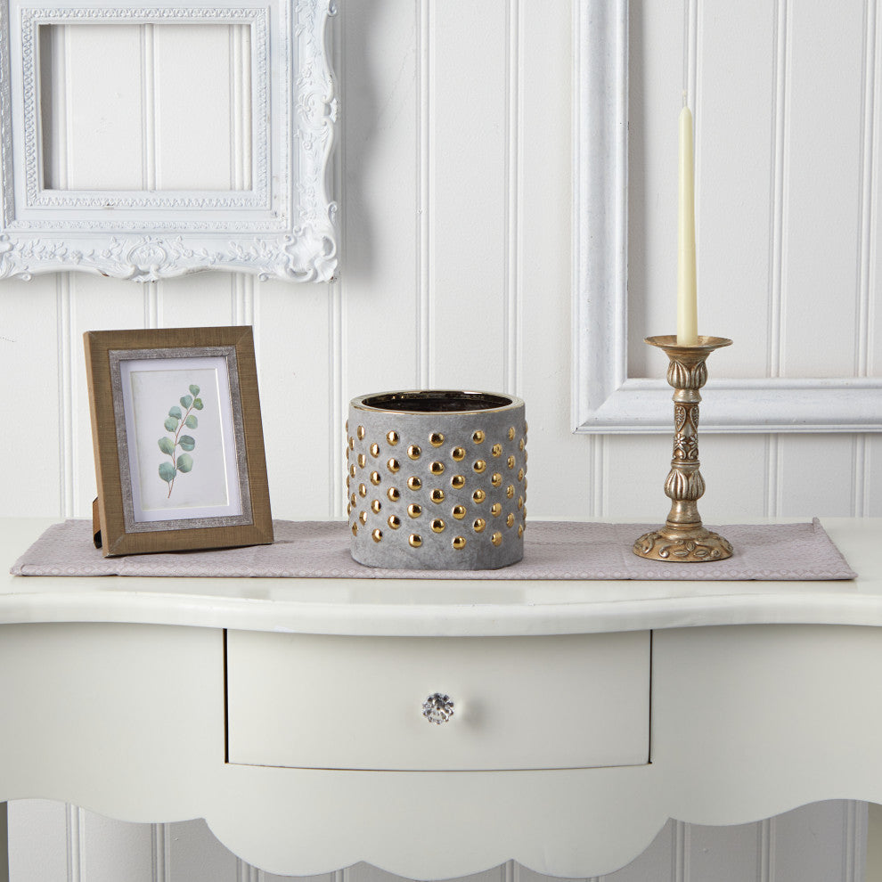 7" Regal Stone Hobnail Planter With Gold Accents
