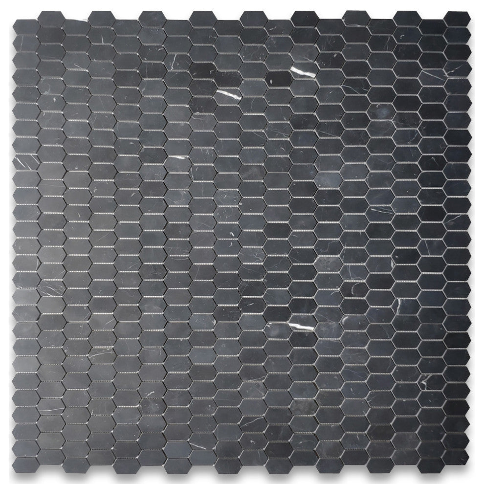 Nero Marquina Black Marble Constellation Hexagon Mosaic Tile Honed, 1 sheet
