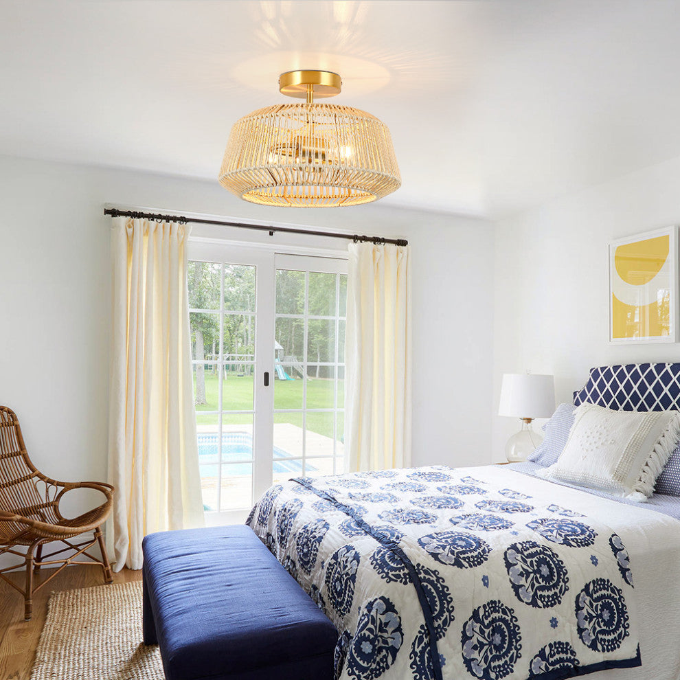 14" W 2-Light Rattan Semi-Flush Mount Ceiling Light