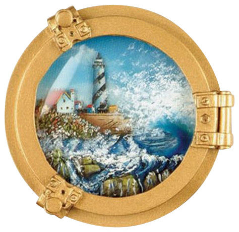 3.5" Polystone Porthole With Lighthouse Oil Painting