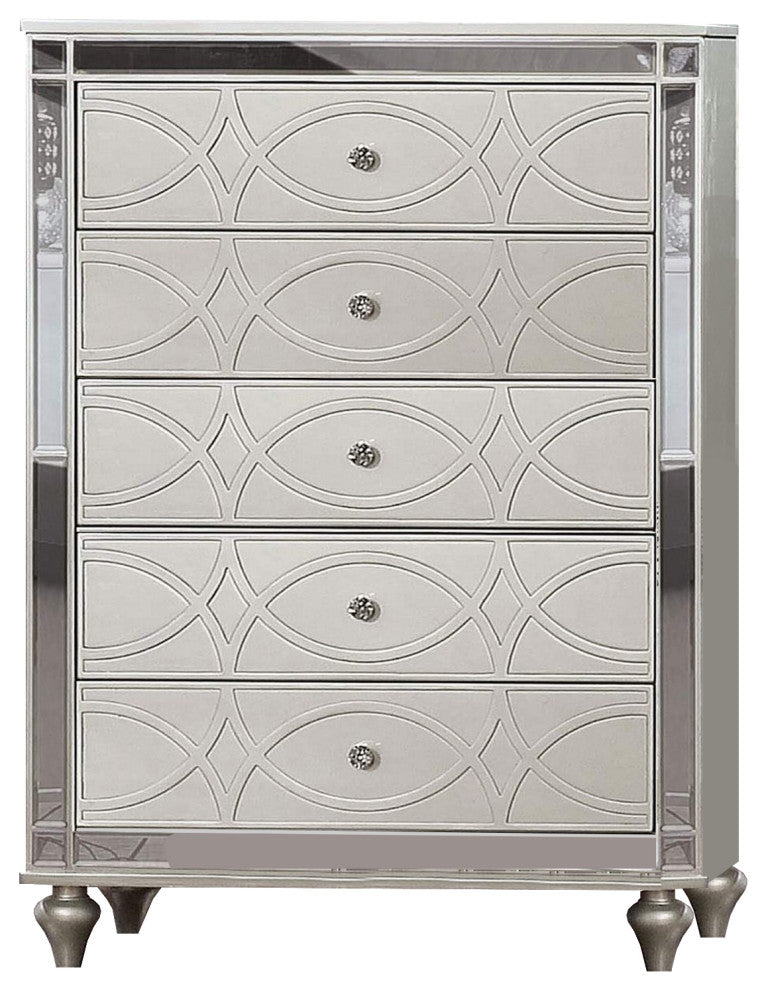 Benzara BM252517 Chest With 5 Drawers and Circular Decorative Pattern, Silver
