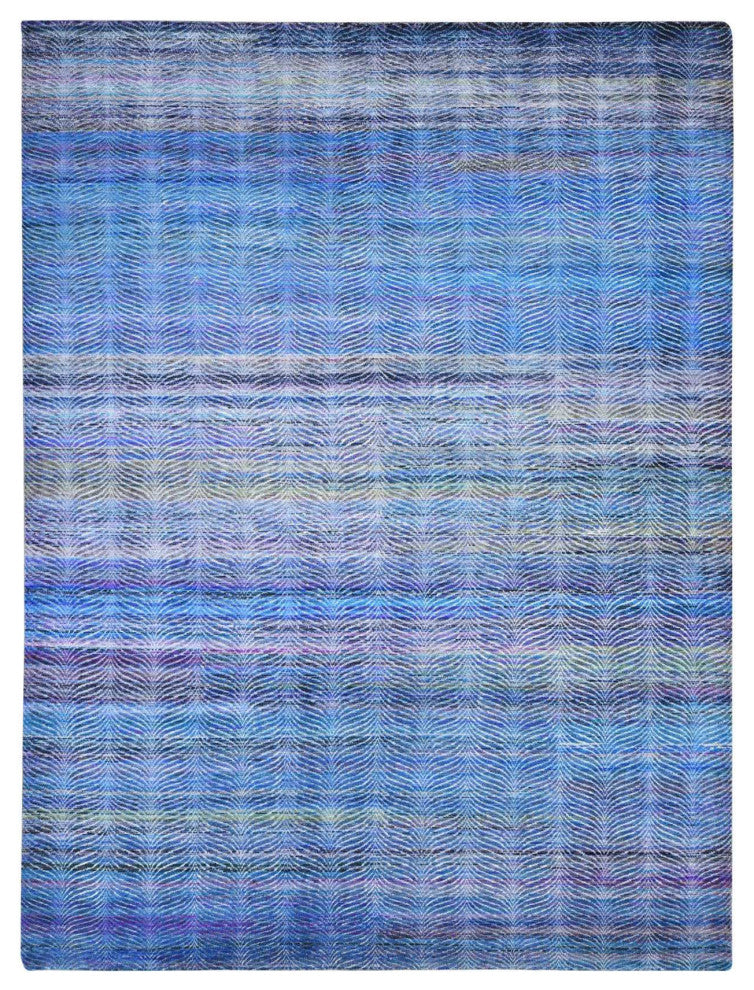 Colorful Modern Leaf Design Silk and Wool Hand Knotted Oriental Rug, 9'1"x12'3"