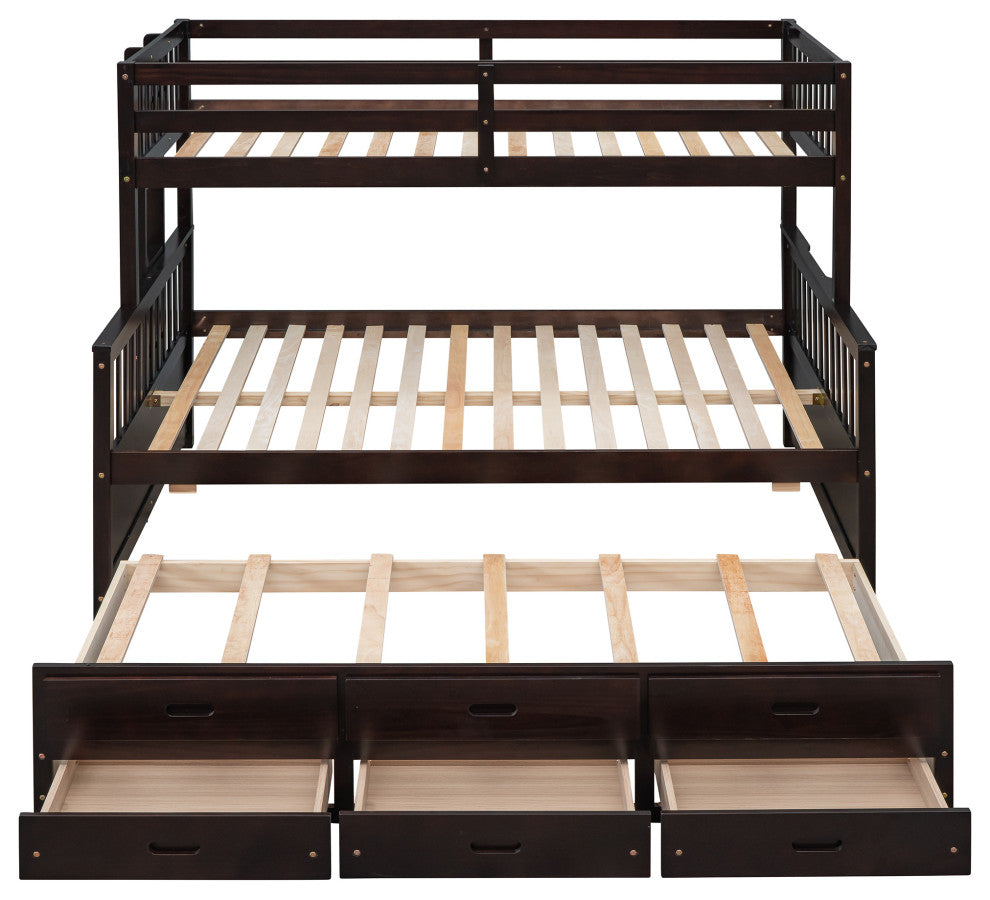 Gewnee Wood Kids Convertible Twin-Over-Full Bunk Bed with Trundle in Espresso