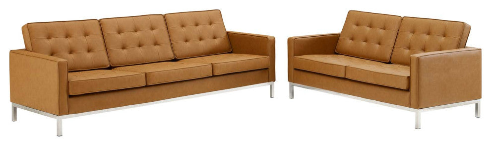 Loft Tufted Upholstered Faux Leather Sofa and Loveseat Set Silver Tan
